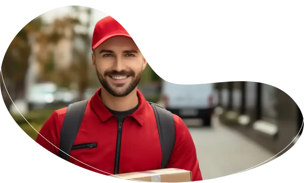 Een glimlachende bezorger met een rode pet en een T-shirt houdt een kartonnen doos vast tegen een wazige achtergrond.
