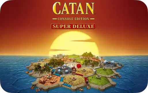 Een eiland van hexagonen in de zee, met op de achtergrond een zonsondergang en het logo van Catan Super Deluxe.