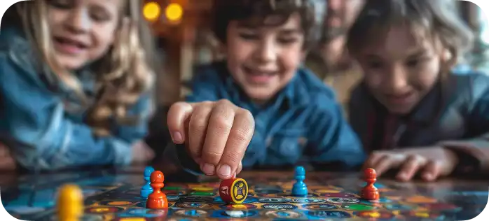 Een close-up van een kinderhand die een speelfiguur over een kleurrijk speelveld verplaatst, omringd door lachende kinderen.
