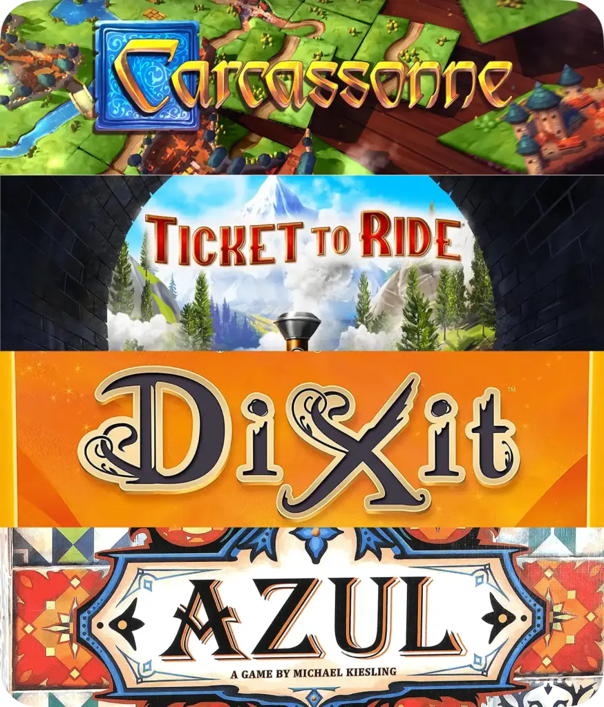 Een collage van de covers van de bordspellen Ticket to Ride, Carcassonne, Dixit en Azul.