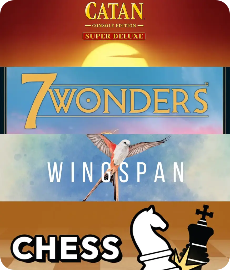 Een collage van de covers van de bordspellen Catan, 7 Wonders, Wingspan en Chess.