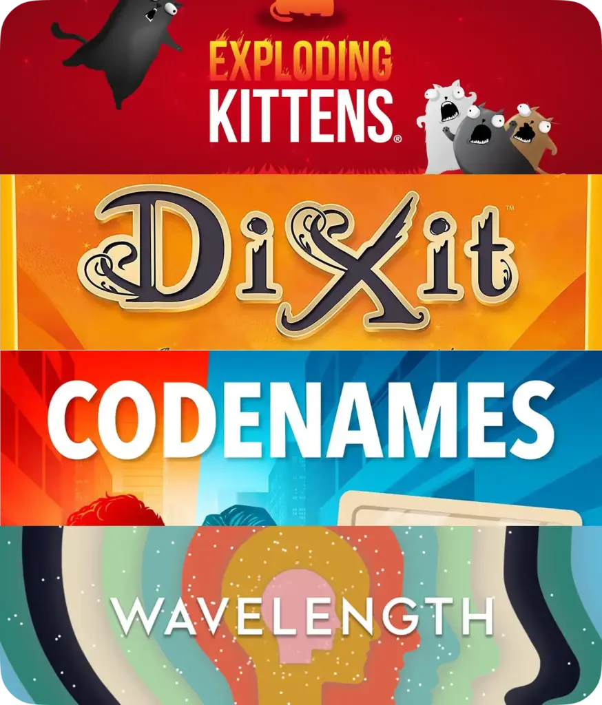 Een collage van de covers van bordspellen: Exploding Kittens, Dixit, Codenames, Wavelength.