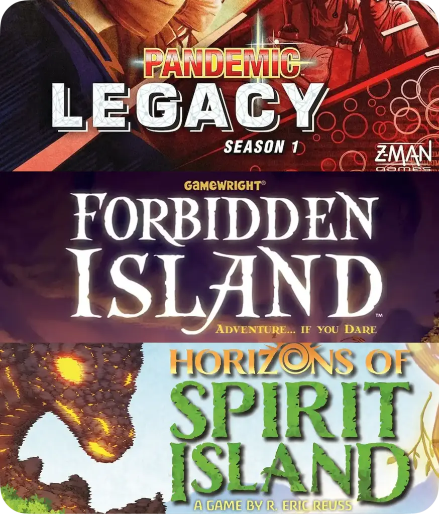 Een collage van de covers van de bordspellen Pandemic, Forbidden Island en Spirit Island