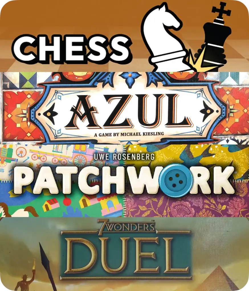 Een collage van de covers van de bordspellen Chess, Azul (variant voor twee spelers), Patchwork en 7 Wonders Duel.