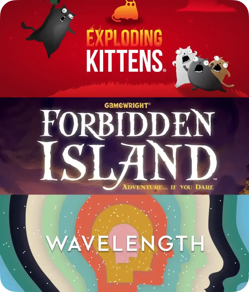 Een collage van de covers van de bordspellen Exploding Kittens, Forbidden Island en Wavelength.