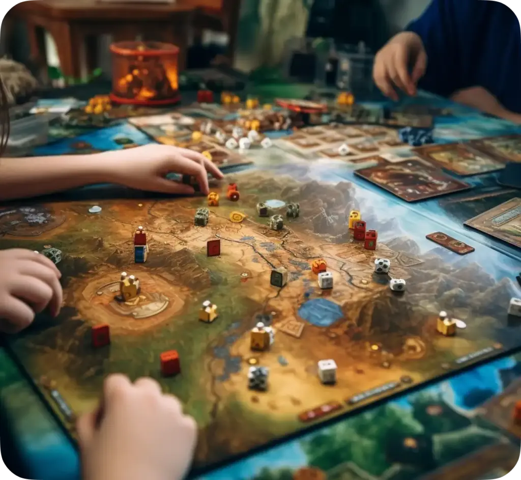 Het spelen van een uitdagend strategisch bordspel met een gedetailleerde kaart, houten speelstukken, dobbelstenen en kaarten, dat zowel door volwassenen als kinderen wordt gespeeld.