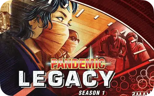 Afbeelding van de doos van Pandemic Legacy met medici met mondkapjes op een rood-zwarte achtergrond.