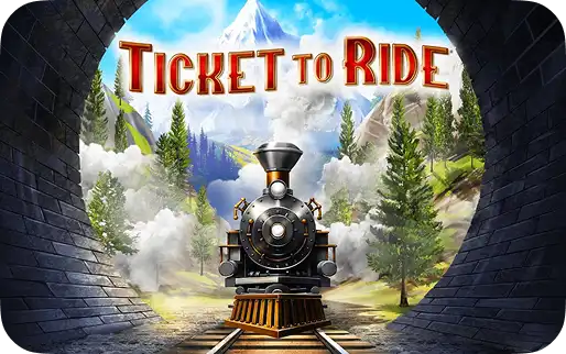 De stoomlocomotief rijdt uit de tunnel, met op de achtergrond bergen en bossen en het logo van Ticket to Ride.