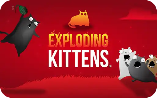 Een zwarte kat met een granaat en bange kittens op een rode achtergrond met het Exploding Kittens-logo.